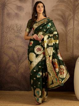 KIMISHA - Women Green Woven Organza Saree with Unstitched Blouse