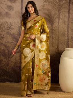 KIMISHA - Women Olive Woven Organza Saree with Unstitched Blouse