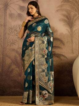 KIMISHA - Women Teal Woven Organza Saree with Unstitched Blouse