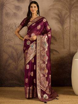 KIMISHA - Women Wine Woven Organza Saree with Unstitched Blouse