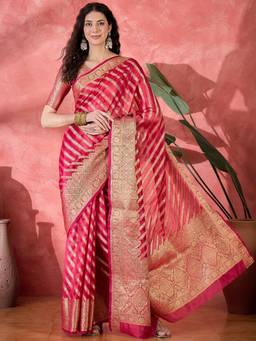 KIMISHA - Women Magenta Woven Organza Saree with Unstitched Blouse