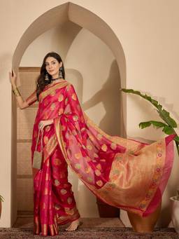 KIMISHA - Women Magenta Woven Organza Saree with Unstitched Blouse