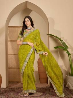 KIMISHA - Women Green Printed Georgette Saree with Unstitched Blouse