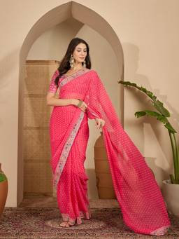 KIMISHA - Women Pink Printed Georgette Saree with Unstitched Blouse