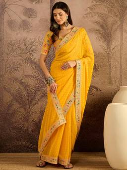KIMISHA - Women Yellow Printed Georgette Saree with Unstitched Blouse