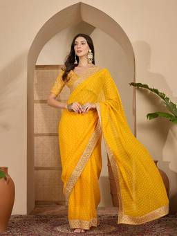 KIMISHA - Women Gold Embellished & Sequined Georgette Saree with Unstitched Blouse