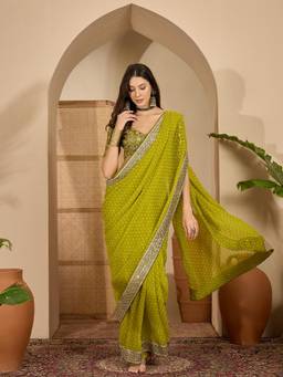 KIMISHA - Women Green Embellished & Sequined Georgette Saree with Unstitched Blouse
