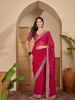 KIMISHA - Women Magenta Embellished & Sequined Georgette Saree with Unstitched Blouse
