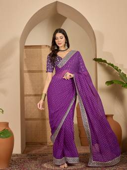 KIMISHA - Women Purple Embellished & Sequined Georgette Saree with Unstitched Blouse