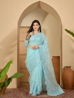KIMISHA - Women Blue Embroidered Organza Saree with Unstitched Blouse