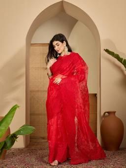 KIMISHA - Women Red Embroidered Organza Saree with Unstitched Blouse