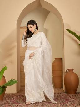KIMISHA - Women White Embroidered Organza Saree with Unstitched Blouse