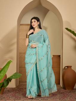 KIMISHA - Women Blue Embroidered Chiffon Saree with Unstitched Blouse