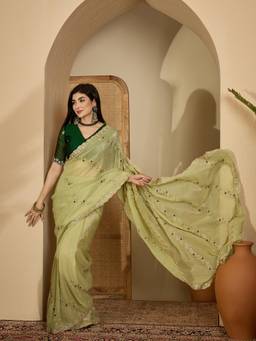 KIMISHA - Women Green Embroidered Chiffon Saree with Unstitched Blouse