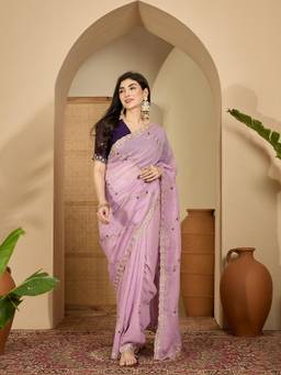 KIMISHA - Women Lavender Embroidered Chiffon Saree with Unstitched Blouse