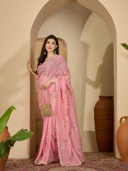 KIMISHA - Women Pink Embroidered Chiffon Saree with Unstitched Blouse