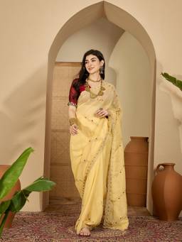 KIMISHA - Women Yellow Embroidered Chiffon Saree with Unstitched Blouse