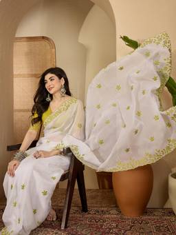 KIMISHA - Women Green Embroidered Chiffon Saree with Unstitched Blouse