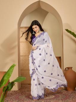 KIMISHA - Women White Embroidered Chiffon Saree with Unstitched Blouse
