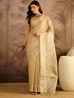KIMISHA - Women Beige Embroidered Net Saree with Unstitched Blouse