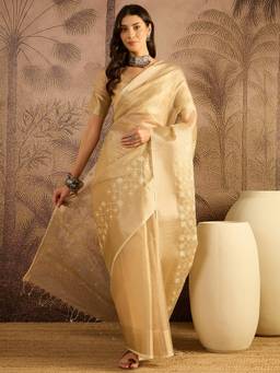 KIMISHA - Women Beige Embroidered Net Saree with Unstitched Blouse