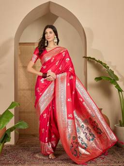 KIMISHA - Women Magenta Woven Silk Saree with Unstitched Blouse