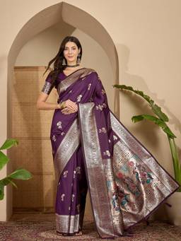 KIMISHA - Women Purple Woven Silk Saree with Unstitched Blouse