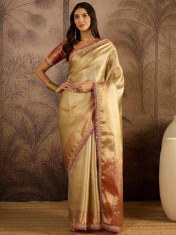 KIMISHA - Women Beige Woven Silk Blend Saree with Unstitched Blouse