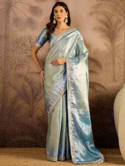 KIMISHA - Women Blue Woven Silk Blend Saree with Unstitched Blouse