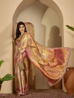 KIMISHA - Women Gold Woven Silk Blend Saree with Unstitched Blouse