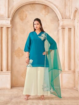Tikhi Imli - Women Blue Solid/Plain Silk Blend Kurta and Palazzo with Dupatta