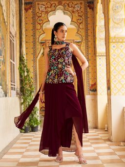 Tikhi Imli - Women Maroon Embroidered Georgette Top and Skirt with Dupatta