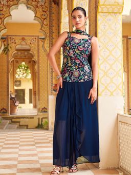 Tikhi Imli - Women Navy Blue Embroidered Georgette Top and Skirt with Dupatta