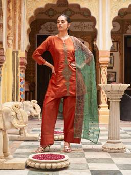 Tikhi Imli - Women Rust Embroidered Silk Blend Kurta and Pant with Dupatta