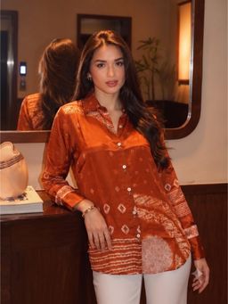 Autumnlane - Women Rust Printed Cotton Shirt