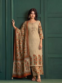 Autumnlane - Women Beige Printed Cotton Kurta and Pant with Dupatta