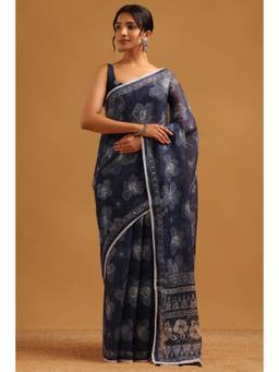 Soch - Women Navy Blue Printed Linen Saree with Unstitched Blouse