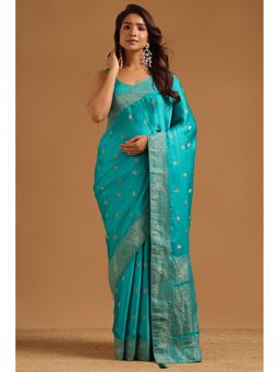 Soch - Women Blue Woven Satin Saree with Unstitched Blouse