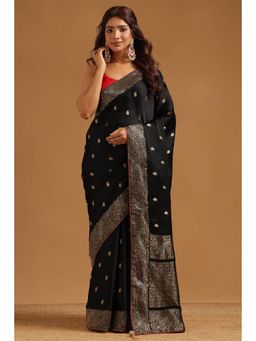 Soch - Women Black Woven Satin Saree with Unstitched Blouse