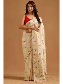Soch - Women Cream Woven Crepe Saree with Unstitched Blouse