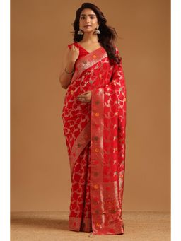 Soch - Women Red Woven Crepe Saree with Unstitched Blouse