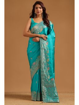Soch - Women Blue Woven Satin Saree with Unstitched Blouse