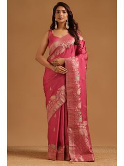 Soch - Women Pink Woven Satin Saree with Unstitched Blouse