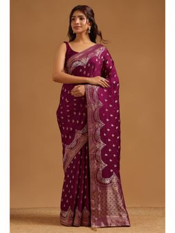 Soch - Women Wine Woven Satin Saree with Unstitched Blouse