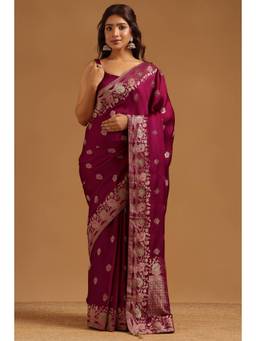 Soch - Women Wine Woven Satin Saree with Unstitched Blouse