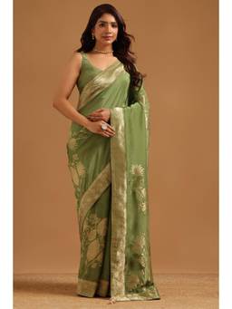 Soch - Women Olive Woven Silk Blend Saree with Unstitched Blouse