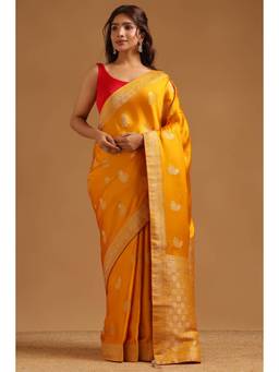Soch - Women Yellow Woven Satin Saree with Unstitched Blouse