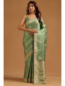 Soch - Women Olive Woven Satin Saree with Unstitched Blouse