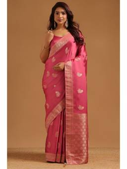 Soch - Women Pink Woven Satin Saree with Unstitched Blouse