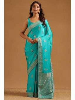 Soch - Women Blue Woven Satin Saree with Unstitched Blouse